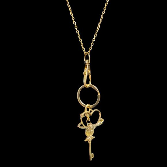 Gold Plated Flat Key Ring with Gold Plated Snap Hook Heart and Key Necklace-NWT - Picture 2 of 10